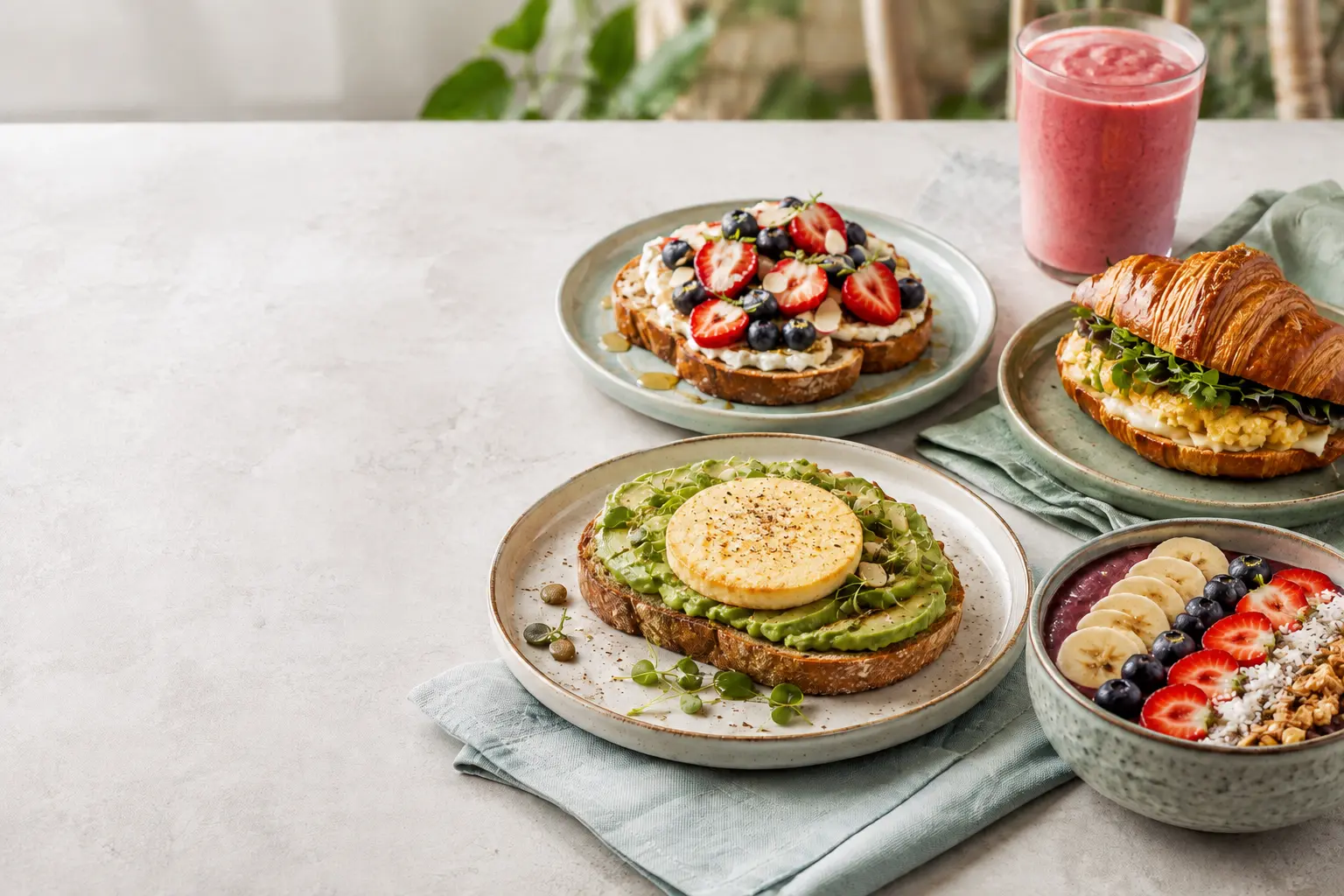 Toastelle avocado toast with fully cooked egg patty, fruit toast, croissant sandwich, açaí bowl and smoothie